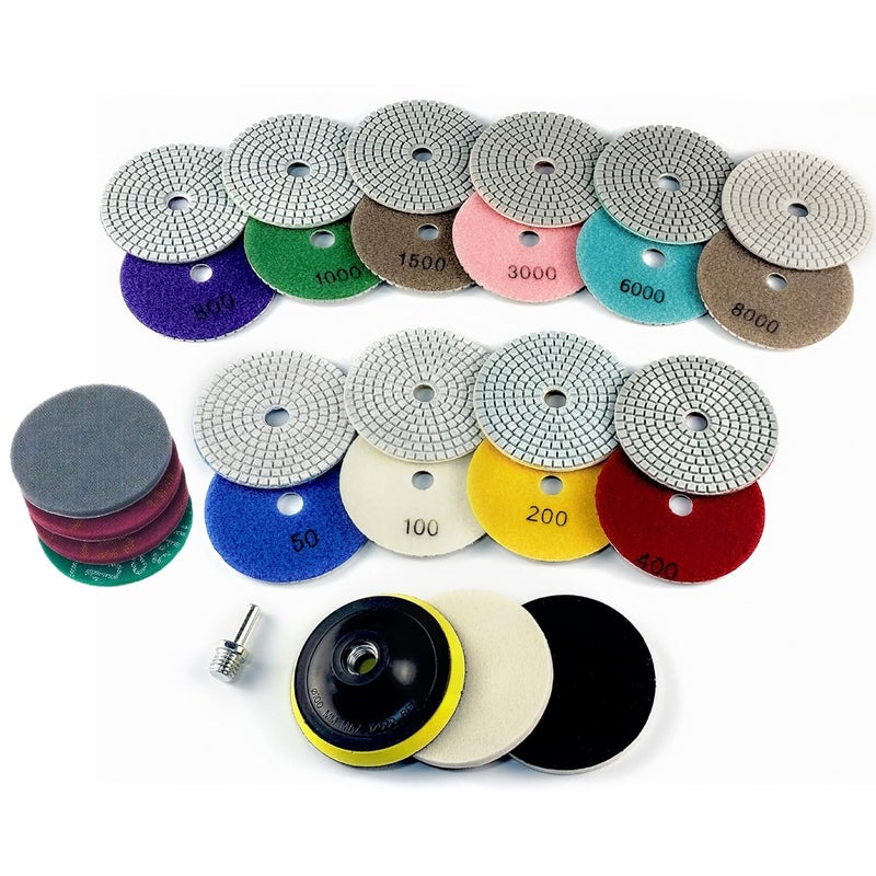 Ceeintee 4 Inch Diamond Polishing Pads, 18 PCS 50-8000 Grit Wet/Dry Granite Stone Polish Pad Kit with 5/8’’-11 Backer Pad, Drill Adapter and Wool Disc for Granite Marble Concrete Stone Tile - Image 1